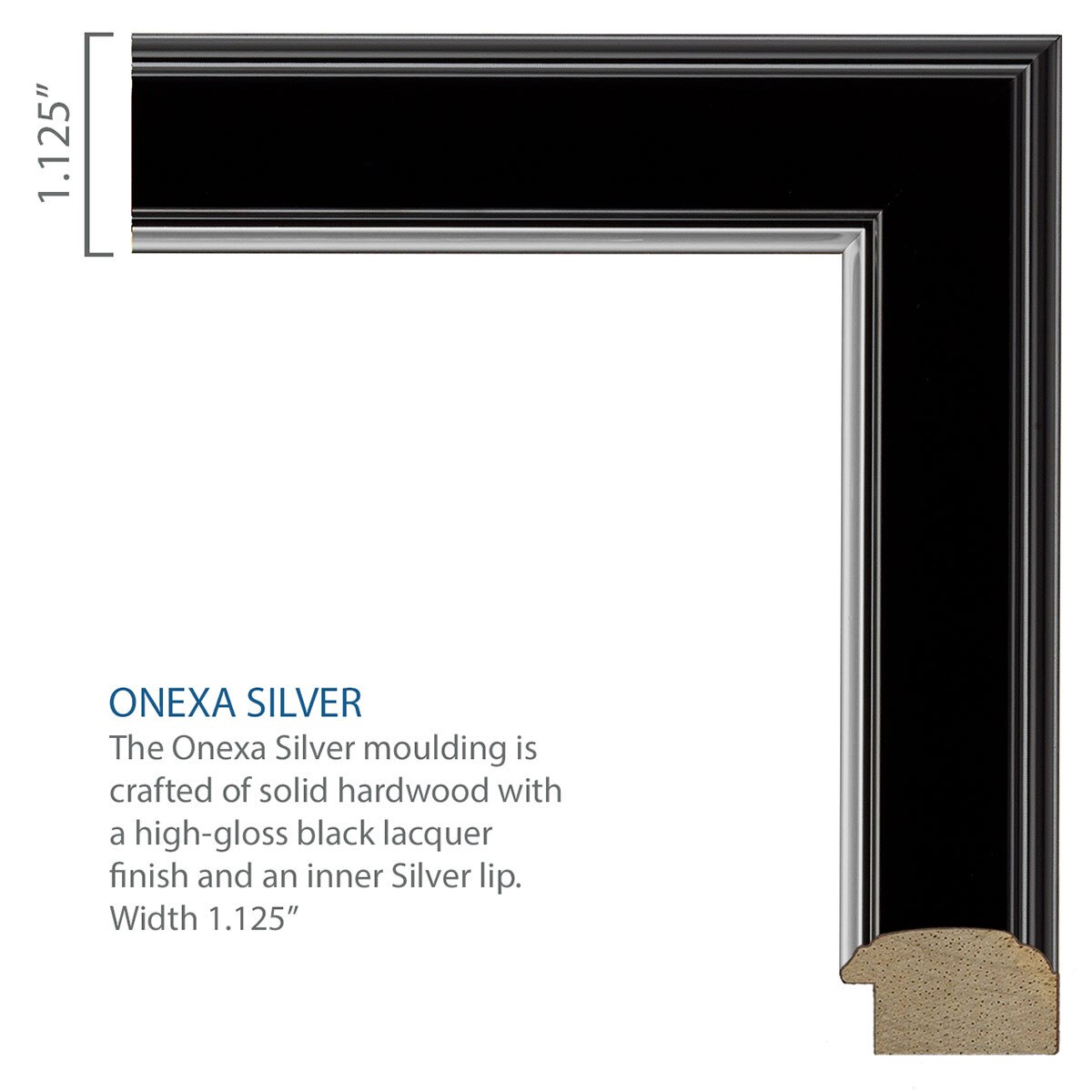 close up of Onexa silver frame moulding